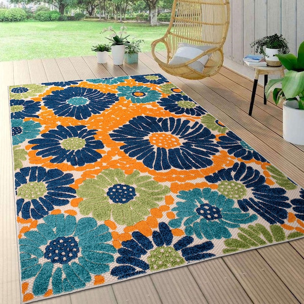 World Rug Gallery Almeria Modern Floral Flowers Indoor/Outdoor Area Rug 5' x 7' Multi 8016MULTI5X7 - main